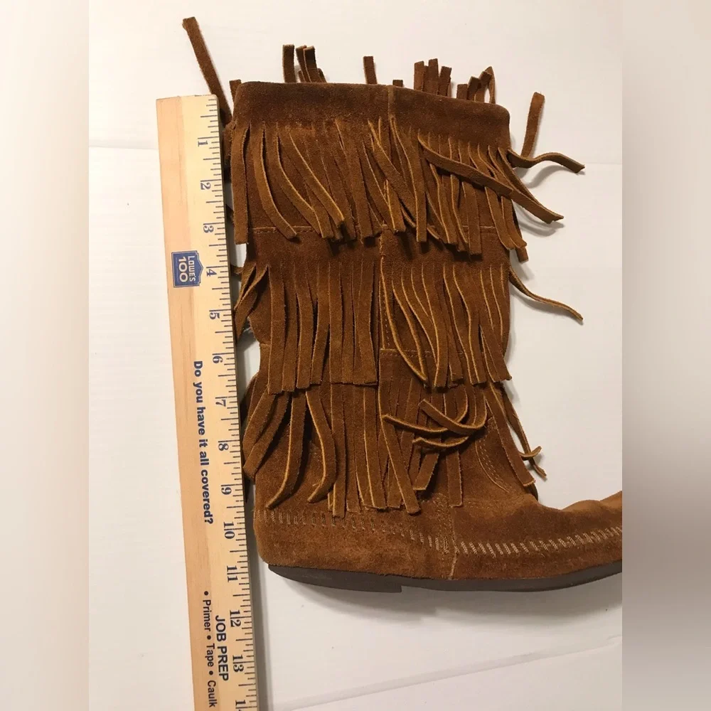 Moccasin brown suede layer tiered fringe boots women fits size 9 - Picture 11 of 11